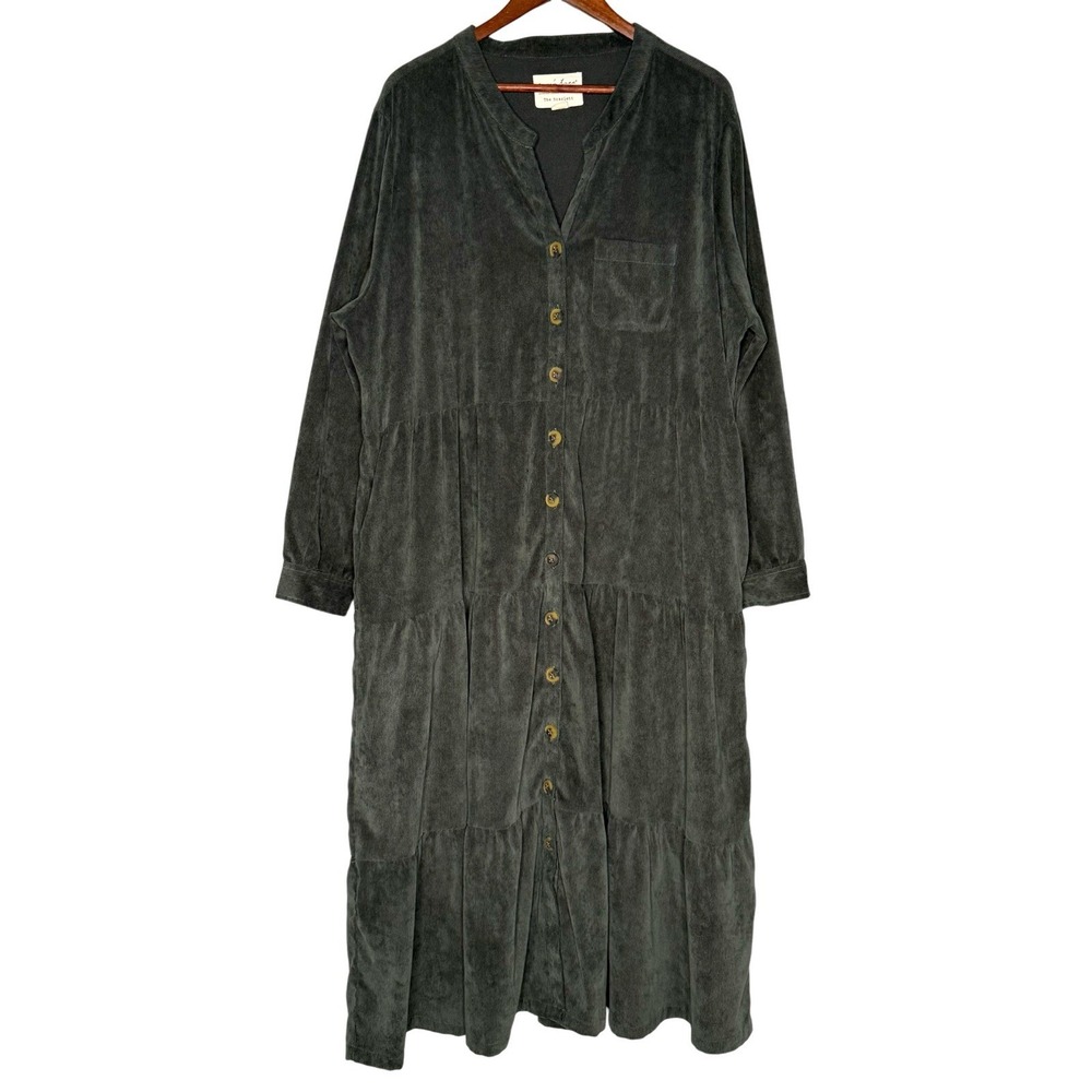 The Scarlett 2X Green Corduroy Button-Front Midi Dress Pockets Tiered Cottage